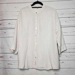 Eileen Fisher Khaki Stipe Organic Cotton Button Down Shirt